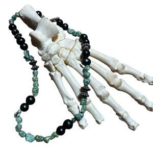 Vintage Artisan Silver Green Turquoise Nugget and Black Pearl Stand Necklace 21”